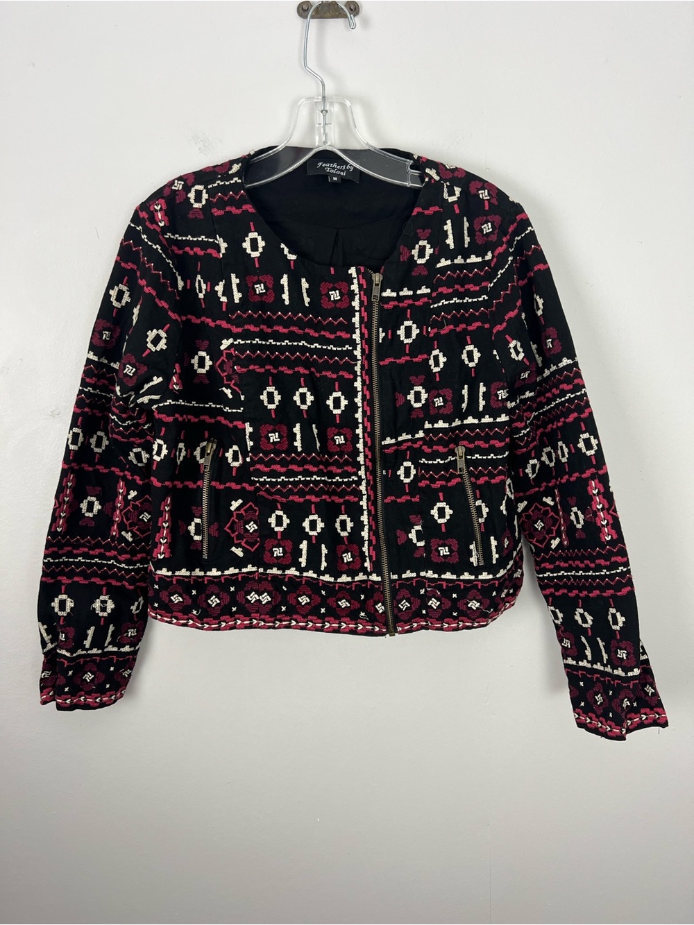 Feathers by Tolani Embroidered Geometric Zip Front Cropped Blazer Jacket